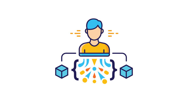 Software developer or data analyst icon surrounded by programming symbols, 3D cubes, and interconnected data nodes for technology.