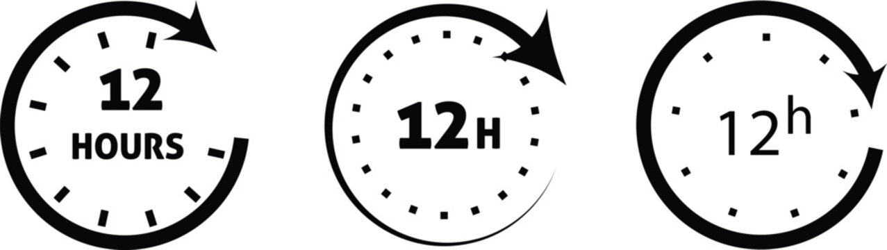 Three black clock icons with circular arrows indicating 12 hours time twelve