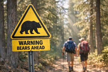 Fototapeta premium Warning sign for bears ahead with hikers walking on forest trail in sunlight
