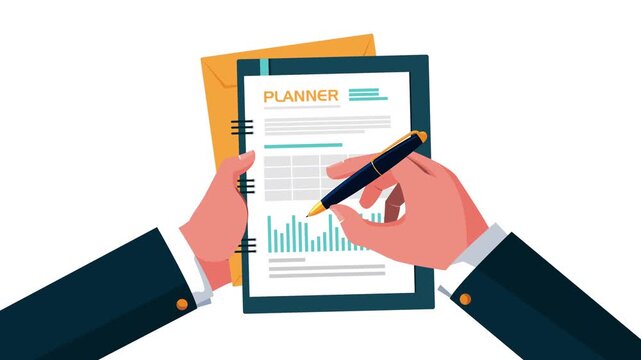 Business professional hand holding clipboard and writing on data planner motion graphic.