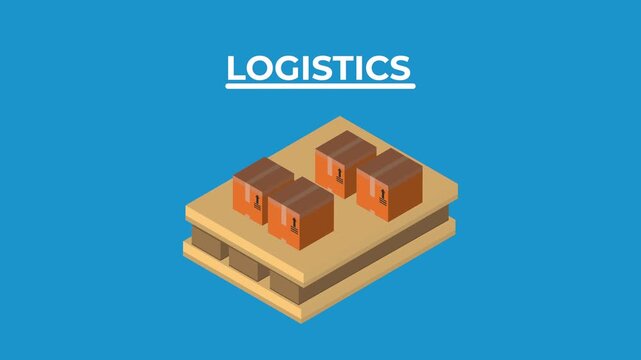 Logistics service isometric animation with cardboard boxes on wooden pallet.