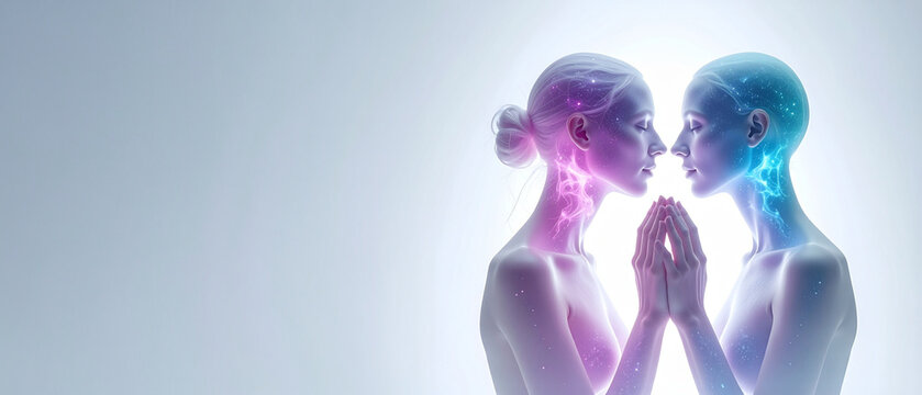 Profiles of women with galaxy and nebula skin textures touching hands on white background. Cyan and magenta energy effects. Connection, mindfulness and consciousness concepts for year 2026 market.