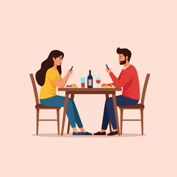 Flat vector illustration of a man and woman sitting at a dining table with food and wine, both distracted by their smartphones instead of communicating during a dinner date together.