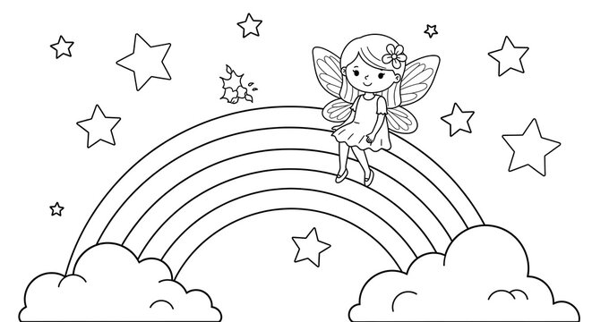 A smiling cartoon fairy sitting on a rainbow with clouds and stars around her