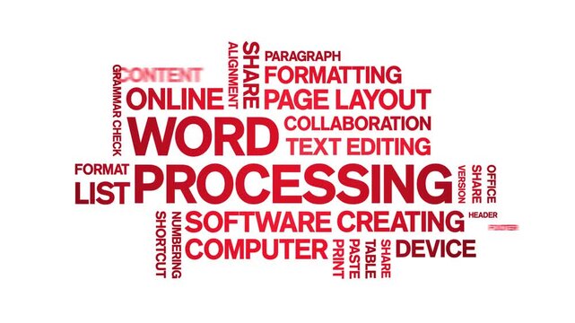 Word Processing animated word cloud-text design animation tag kinetic typography seamless loop.