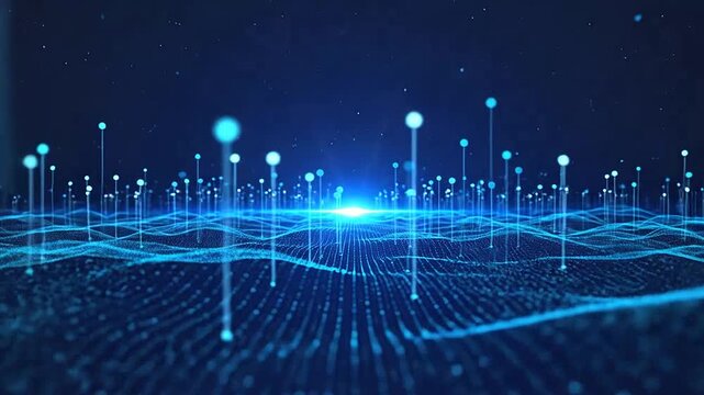 Abstract digital landscape with glowing blue data points and flowing wave patterns