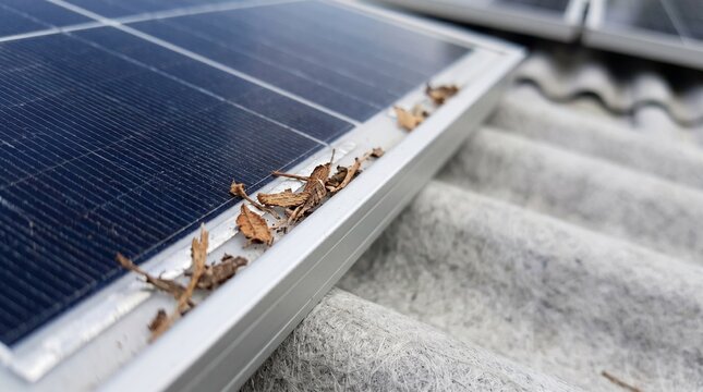 Solar Panel Edge with Dried Leaves Close-Up