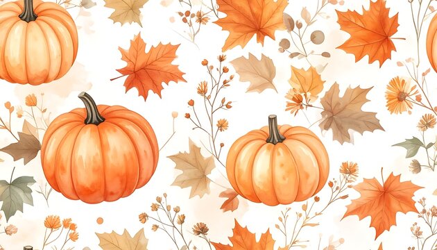 Autumn harvest pumpkins and leaves pattern.