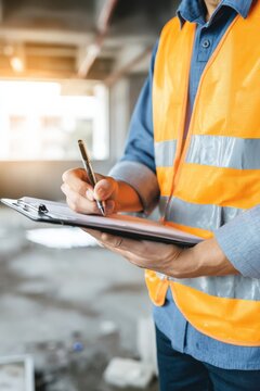 Construction site supervisor in orange safety vest takes notes on clipboard at building site