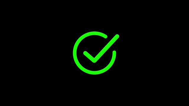 Green color chick mark icon, ok button animation on black background, Abstract check mark symbol 4k Animation video, completed task and approval success concept animation, with 4k video animation.