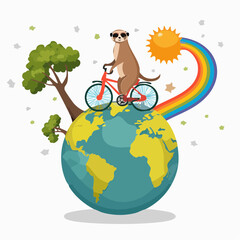 Fototapeta premium Meerkat riding a bicycle on Earth with a rainbow and sun