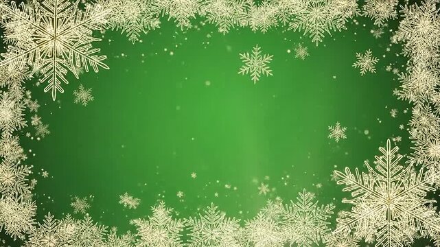 A festive green background featuring a decorative border of golden snowflakes