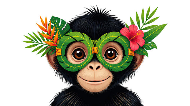 Adorable baby spider monkey wearing festive tropical leaf spectacles and exotic flowers, isolated on a white background, perfect for vibrant summer posters, jungle theme party invitations, and art.