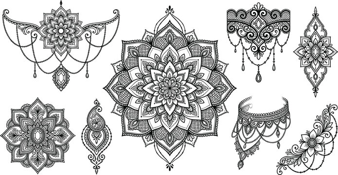 Intricate mehndi mandala tattoo vector set with decorative jewelry chains lotus flowers and elegant bohemian lace chandelier borders