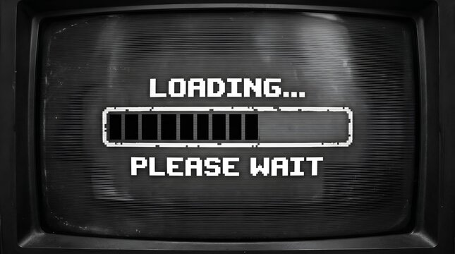 A black and white image of an old television screen displaying a loading bar with the words 'LOADING...' and 'PLEASE WAIT'.