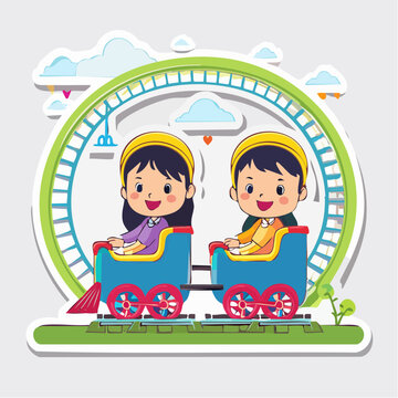 Children Riding a Roller Coaster Train