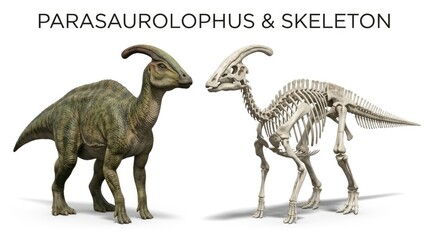 Fototapeta premium Detailed Parasaurolophus Model Standing Beside Dinosaur Skeleton on White Background
