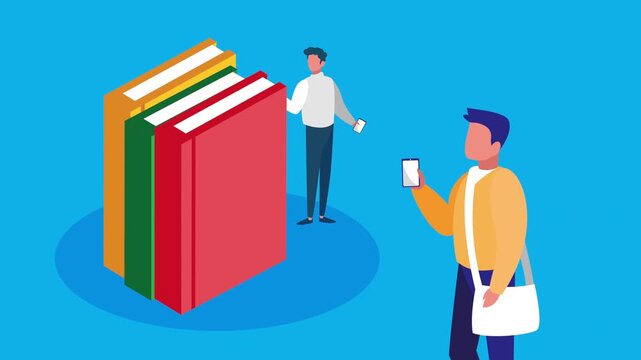 Isometric online education animation with male students using smartphones and stack of books on blue background.