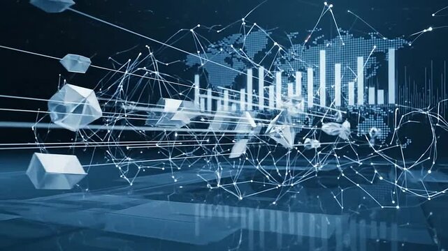 Abstract digital crystals floating across a glowing global data network background