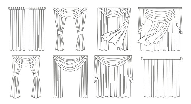 Set of detailed line art drawings showcases a variety of window curtain styles and elegant drapery designs for interior decor.