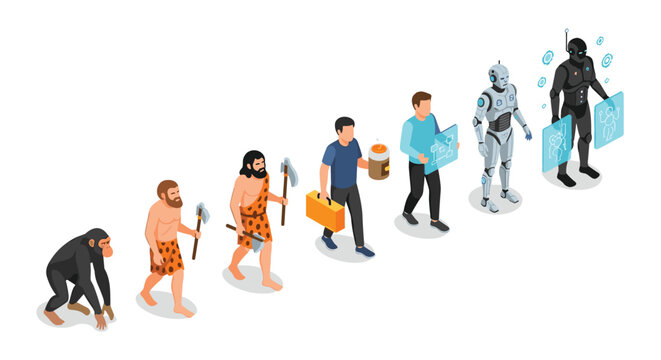 Infographic depicts human evolution from apes through various stages of man to a futuristic robot and high tech cyborg character.