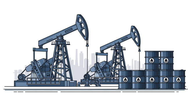 Oil industry scene features large pump jacks extracting petroleum next to stacks of barrels in an industrial landscape.