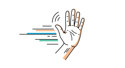 Obraz premium Stylized illustration of a hand waving with colorful motion lines to signify speed, greeting, or saying goodbye on a white background.