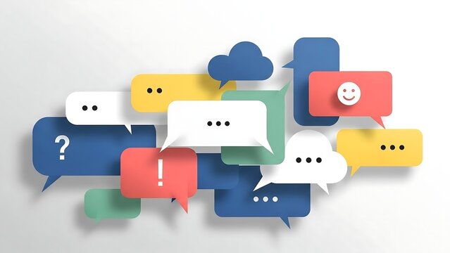 Colorful speech bubbles with emoticons.