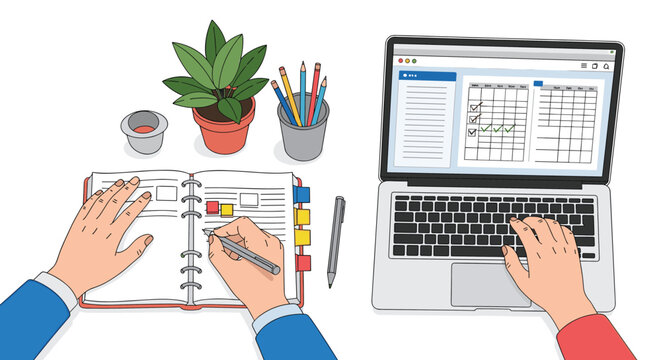 High angle view of a person multi tasking by writing in a physical planner and using a laptop with a digital calendar at a tidy workspace.