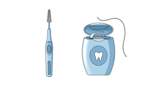 Essential dental hygiene tools featuring a blue interdental brush and a container of dental floss for complete oral care.