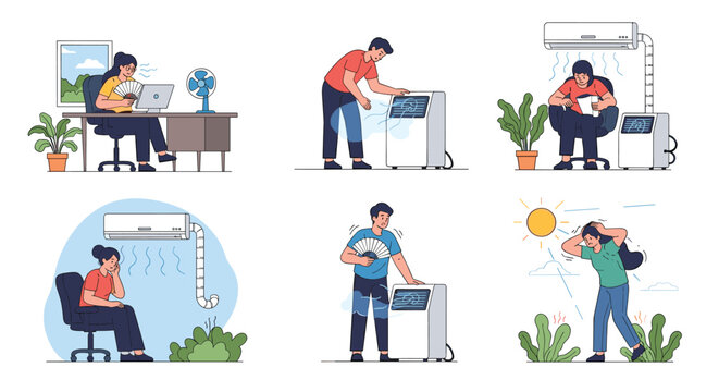 Collection of people trying to keep cool during a heatwave by using fans, portable coolers, and wall-mounted air conditioners.