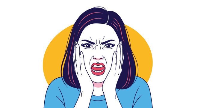 Intense close-up of an angry woman holding her face and shouting with a frustrated expression against a yellow circle.