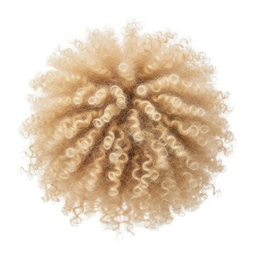fluffy beige tinsel pom pom decoration with curly strands isolated on transparent background