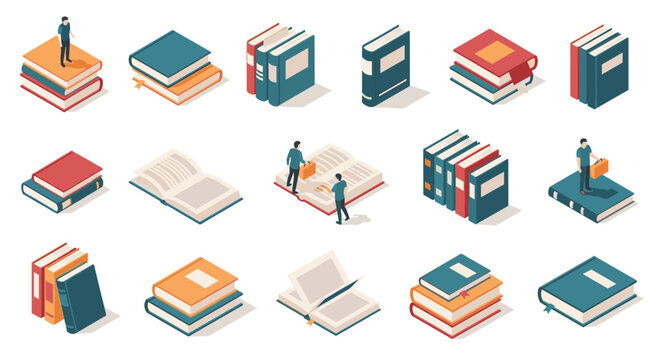 Extensive collection of isometric book stacks, open books, and small figures to represent reading, study, and research.