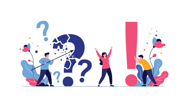 Creative team works together to solve complex problems and find answers represented by large question and exclamation marks.