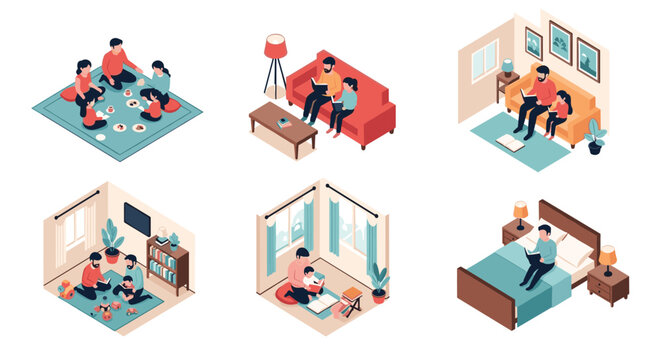 Isometric illustrations show family members of different ages reading books together in cozy domestic settings and bedrooms.