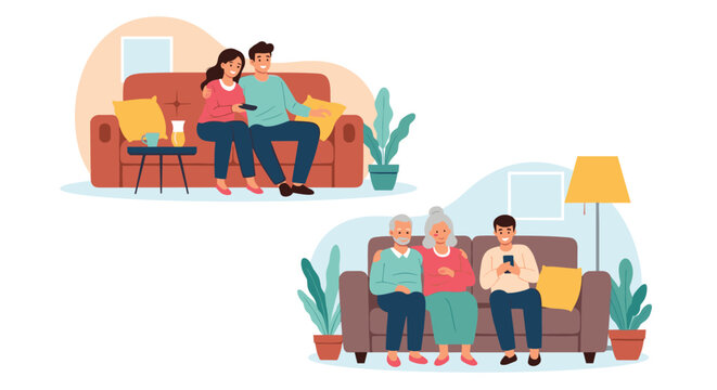 Comparison scenes show different generations of families relaxing on couches while using modern technology and watching television.