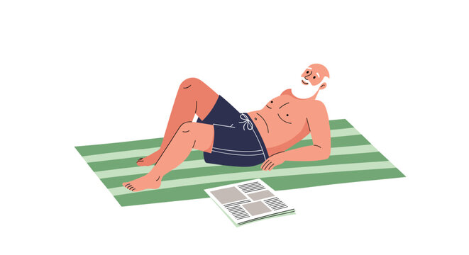 Senior man with a white beard relaxes on a striped towel while sunbathing at the beach with a newspaper lying nearby.