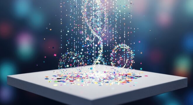 Colorful particles exploding from square.