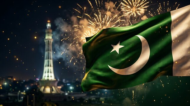 Pakistan flag waving with Minar-e-Pakistan monument in background during night fireworks celebration for national independence day event
