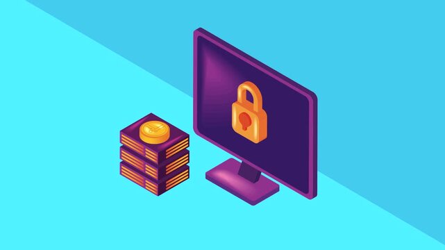 Isometric motion graphics animation of secure cryptocurrency blockchain network with monitor display and data server.