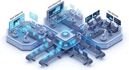 Fototapeta premium Innovative automated factory with robotic arms and conveyor belts for advanced manufacturing and production processes