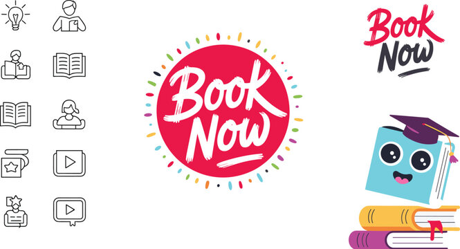 Book now call to action text lettering with graduation book character mascot and online learning line icons