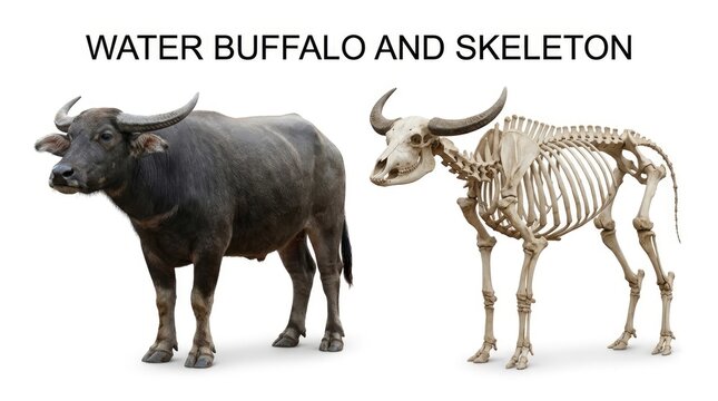 Dark Water Buffalo Standing Beside Anatomical Skeleton on White Background