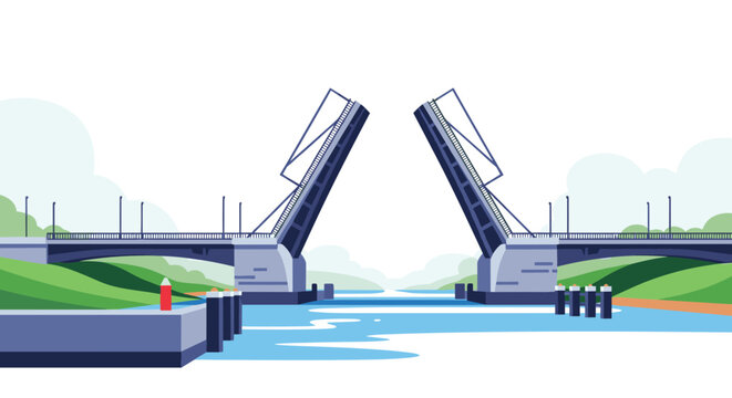 Impressive engineering of a blue bascule bridge is shown as it opens up to allow passage for river traffic on a bright day.