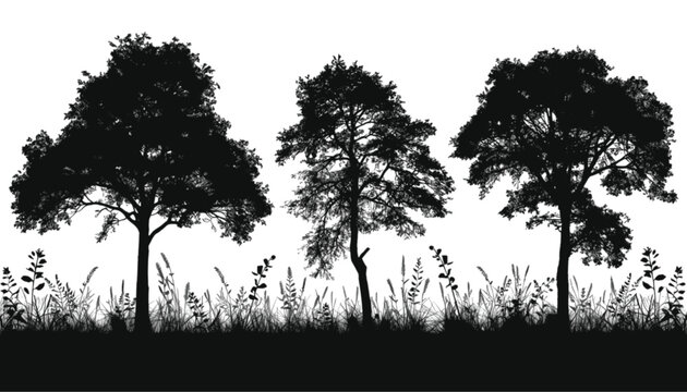 Trees arranged in a row illustrate a natural forest silhouette featuring three distinct deciduous specimens standing amidst tall wild grass on a clean white background for seasonal design projects.