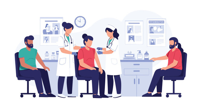 Medical team of nurses administers vaccinations to a group of patients seated in a clean and professional clinic environment.