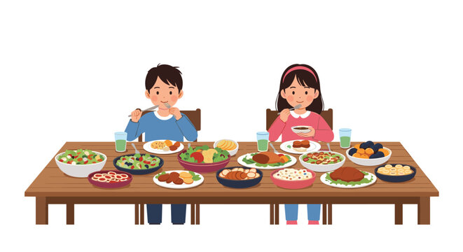 Boy and girl sit at a large wooden dining table enjoying a feast consisting of numerous dishes, salads, and healthy meals.