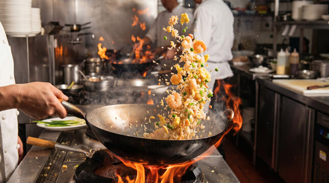 Chef tossing shrimp fried rice in a wok over open flame