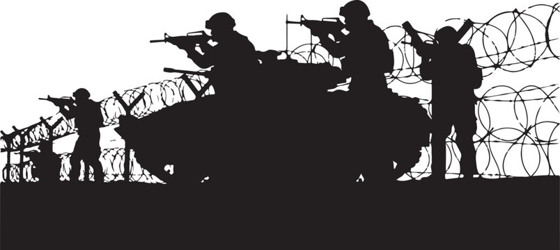 Black silhouette soldiers with guns standing behind fence